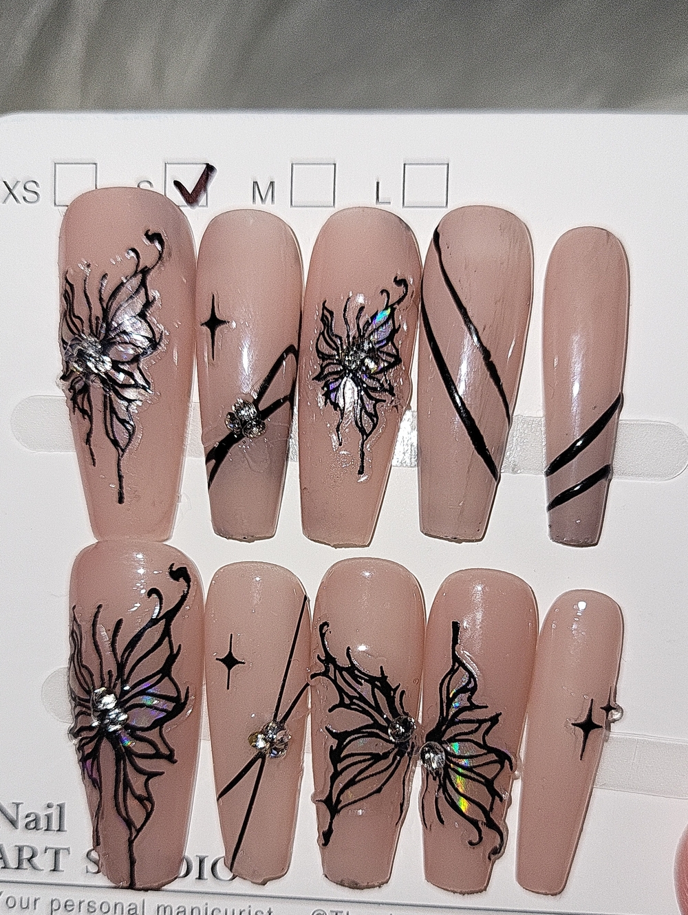 (S)🎀Premium Nail Art Pink/ Blk Butterfly🦋 Coffin Style Press On Nails